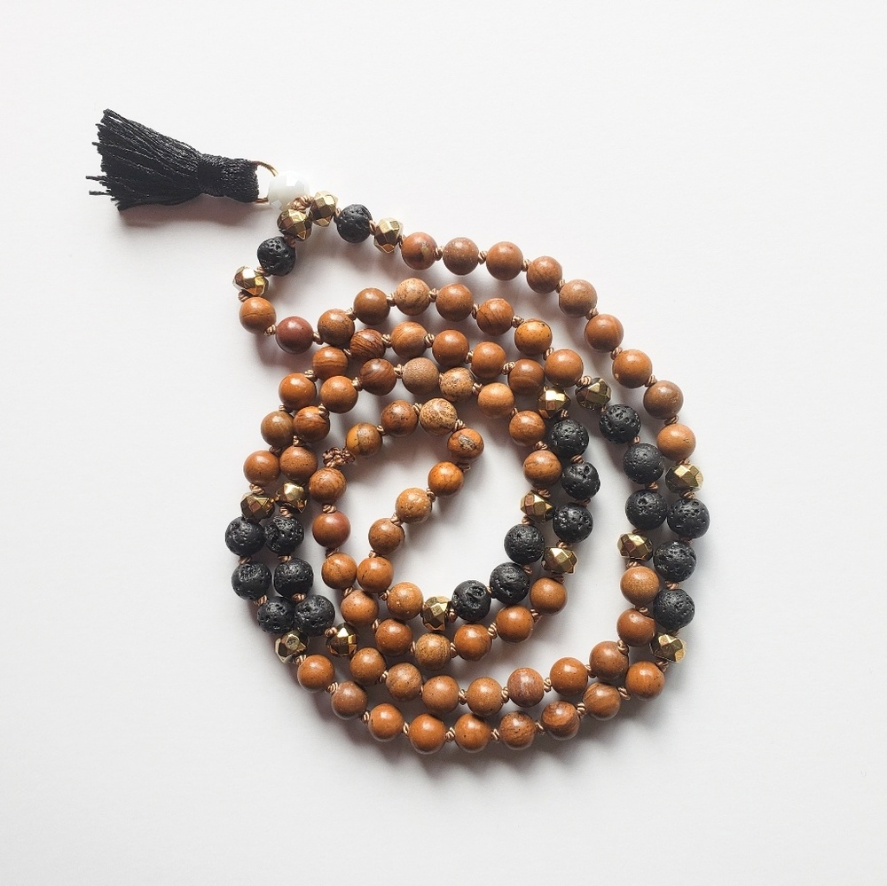 Wood Jasper and Lava Rock Mala Necklace